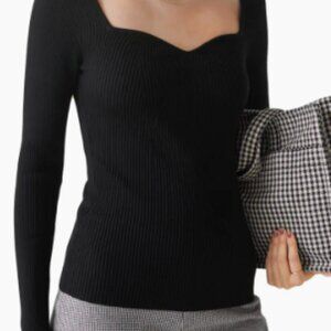 Sweetheart Neck Black Long Sleeve Ribbed Top